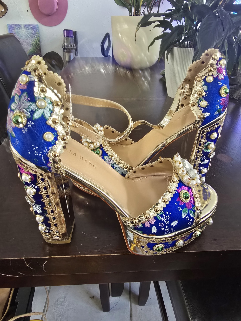 Embellished Blue Platform Heels with Gold Accents - Picture 2 of 7